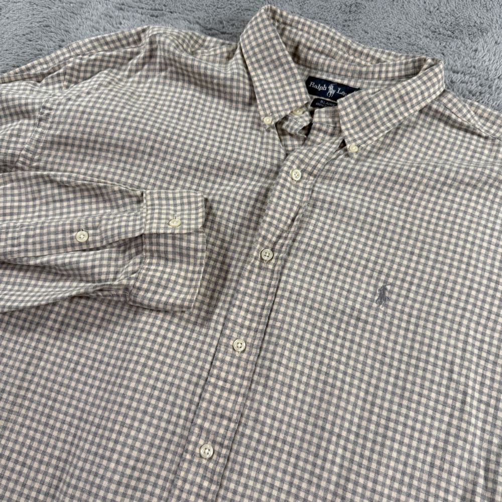 Ralph Lauren Blaire Shirt Mens XXL Tan Grey Gingham Excellent Cotton Flannel